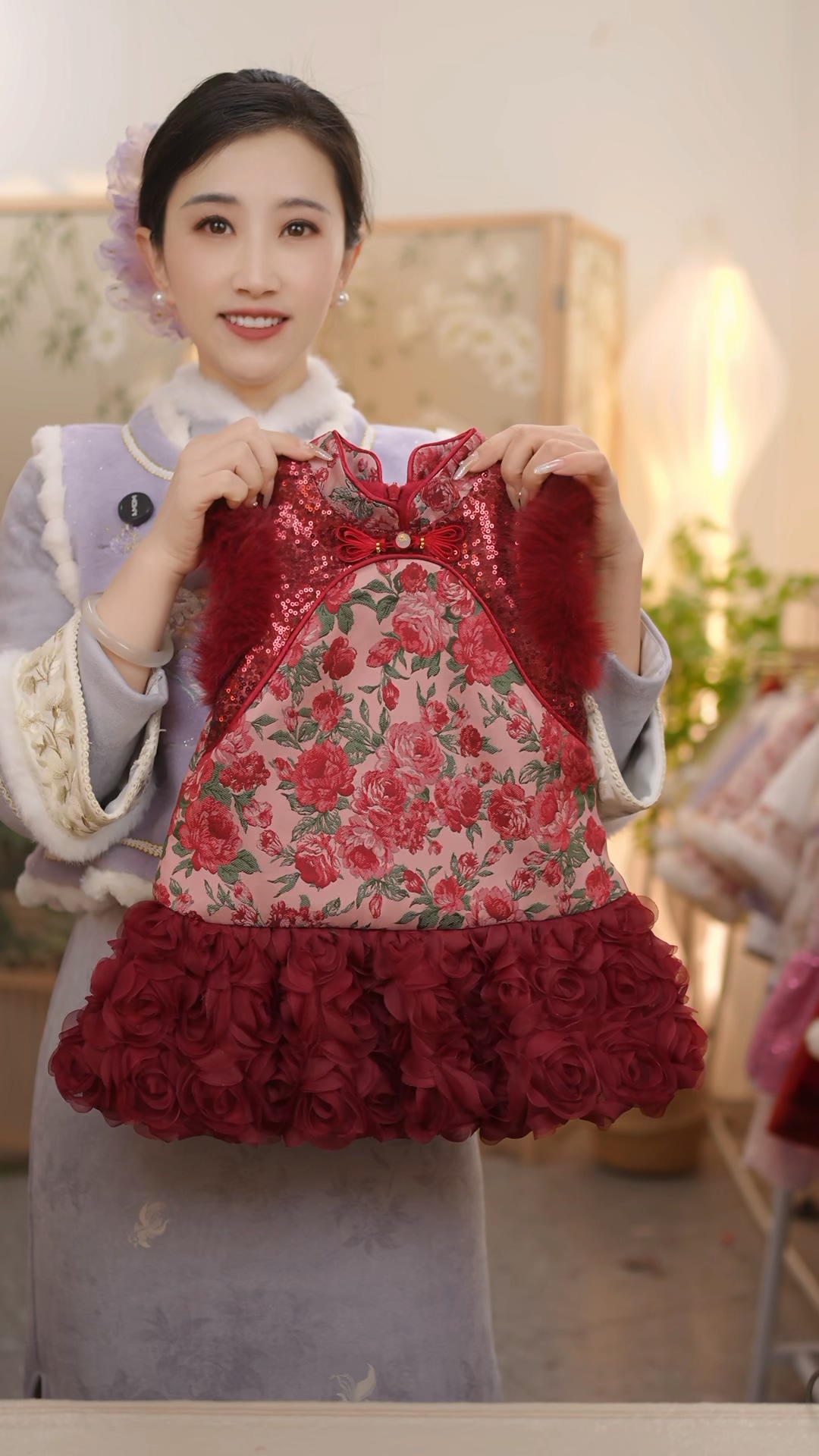 SC868女童冬季新中式加绒不夹棉国风马甲旗袍裙拜年服