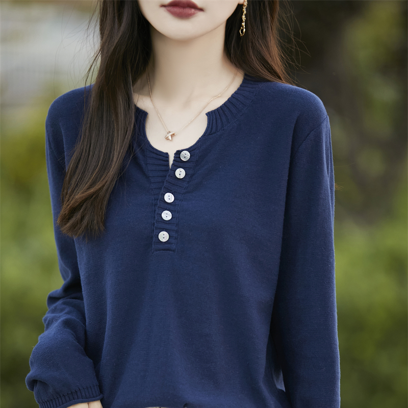 100%纯棉毛针织衫女薄款秋季百搭打底衫早秋女款剪刀领打底衫