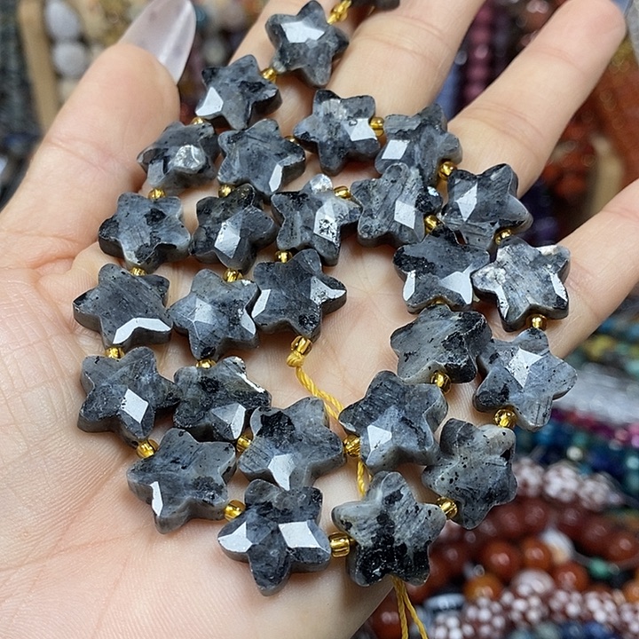 玛瑙/玉髓未镶嵌珠宝半成品天然黑闪光切面五角星卡14mm