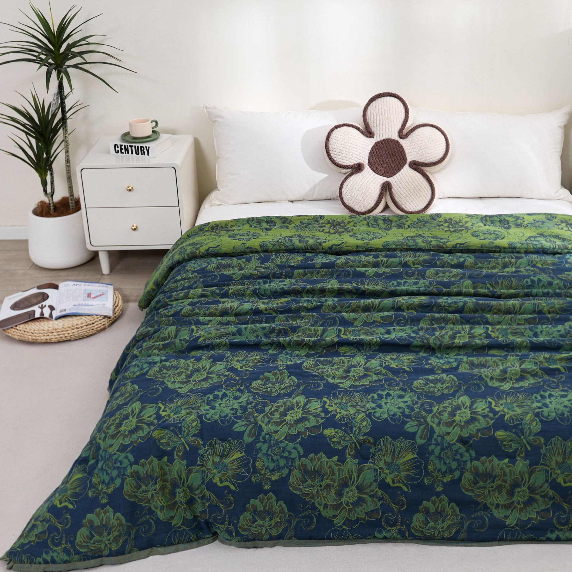 {花絮绿色}高支全棉色织提花四季被200*230