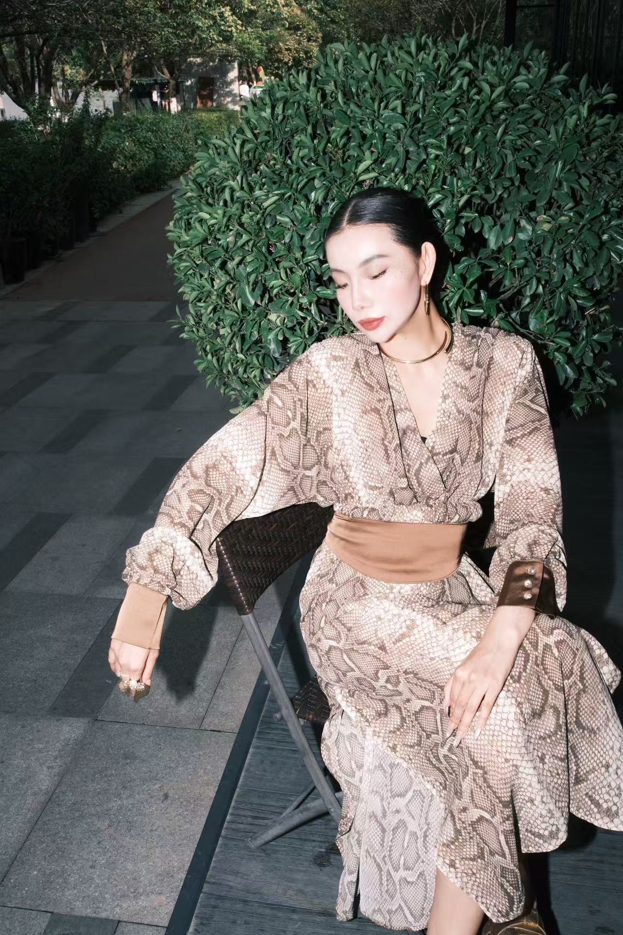 ER18夏季新款欧美风蛇纹显瘦设计款收腰V领女士连衣裙