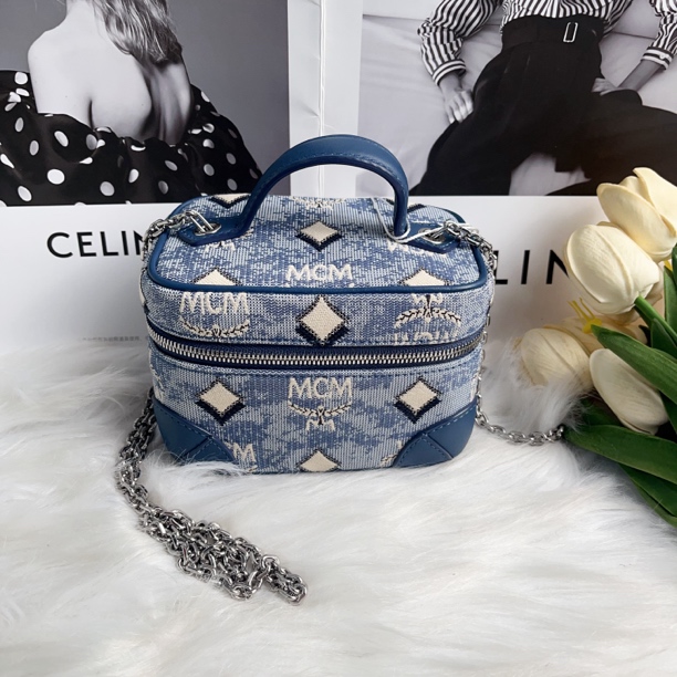 95新 MCM Mcm 蓝色帆布c2040小化妆盒单肩包