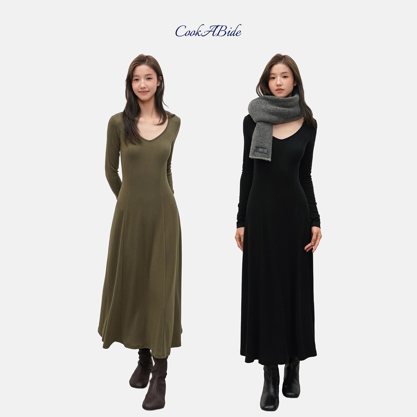CookABide V领修身针织连衣裙内搭长裙