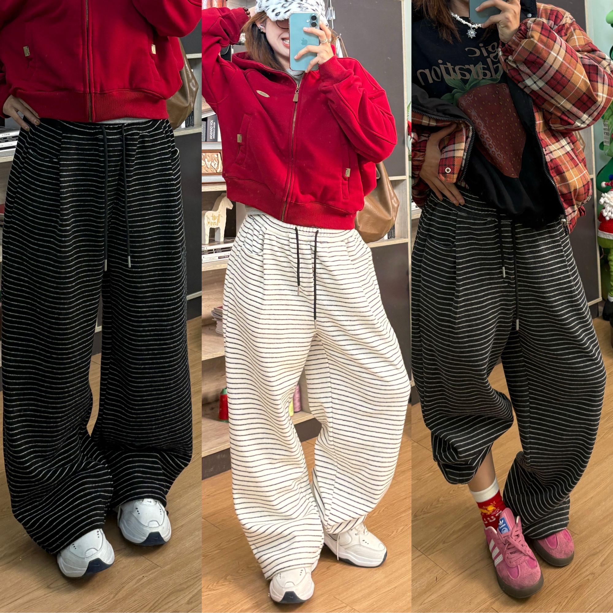 冬季美式加绒加厚条纹宽松阔腿卫裤休闲裤运动裤保暖890