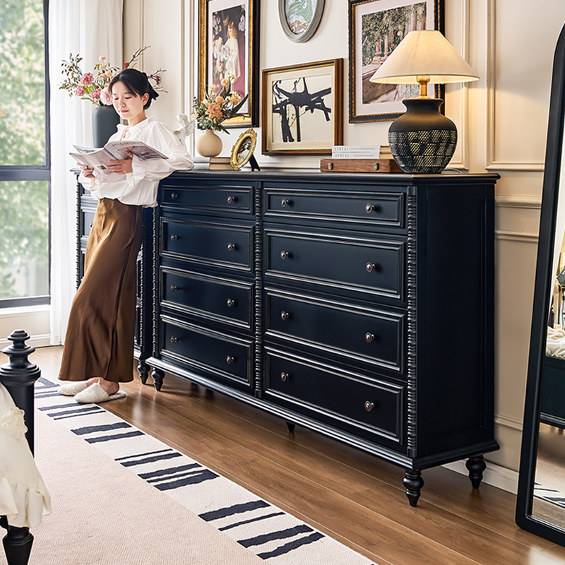 美式实木斗柜黑色主卧室客厅靠墙储物柜子法式复古床尾收纳抽屉柜