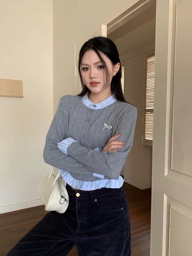 【ms2753】拼色撞色圆领蝴蝶结长袖针织衫女韩版百搭短款上衣