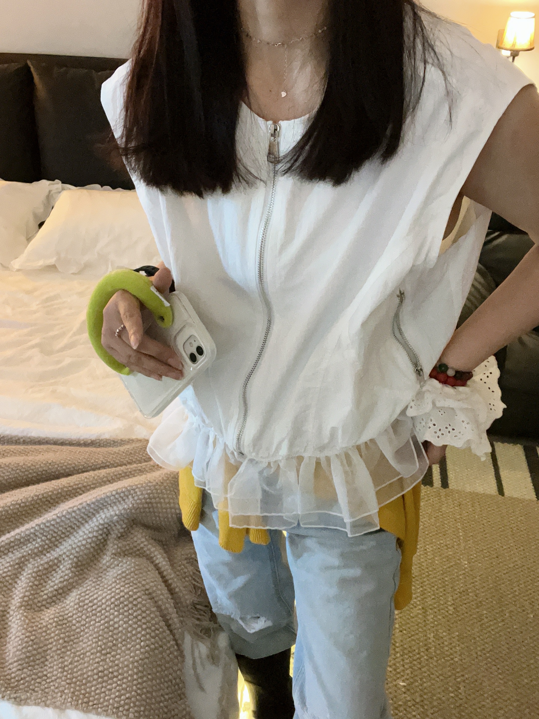 【Miss 程】东大门拉链拼接飞袖洋气马甲