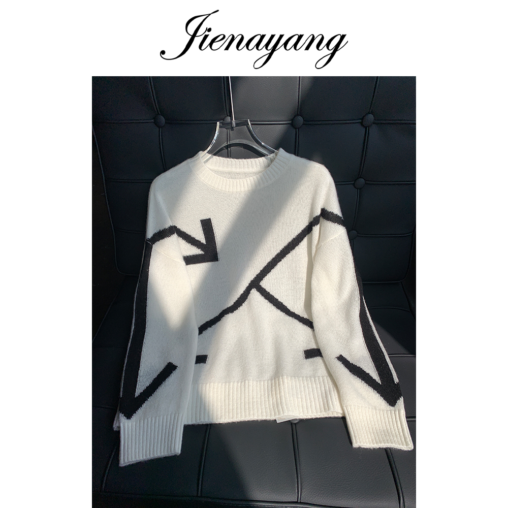 【100山羊绒白绒纱】220532新款轻奢重工箭头拼接套头羊绒衫