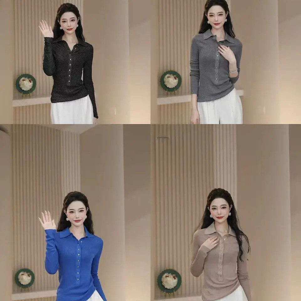 AMASS/阿玛施新款通勤气质翻领单排扣葱纱细闪长袖针织衫5399662