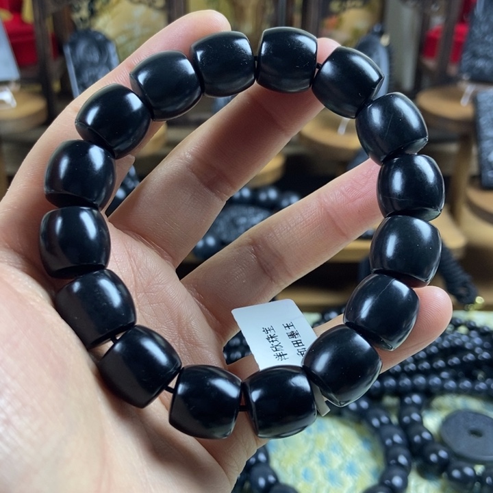 和田玉（墨玉）未镶嵌手串卡13+直切微瑕包容