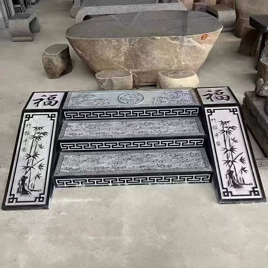 天然青石台阶浮雕仿古踏步石雕祥云台阶仿古中式庭院石地铺石花园