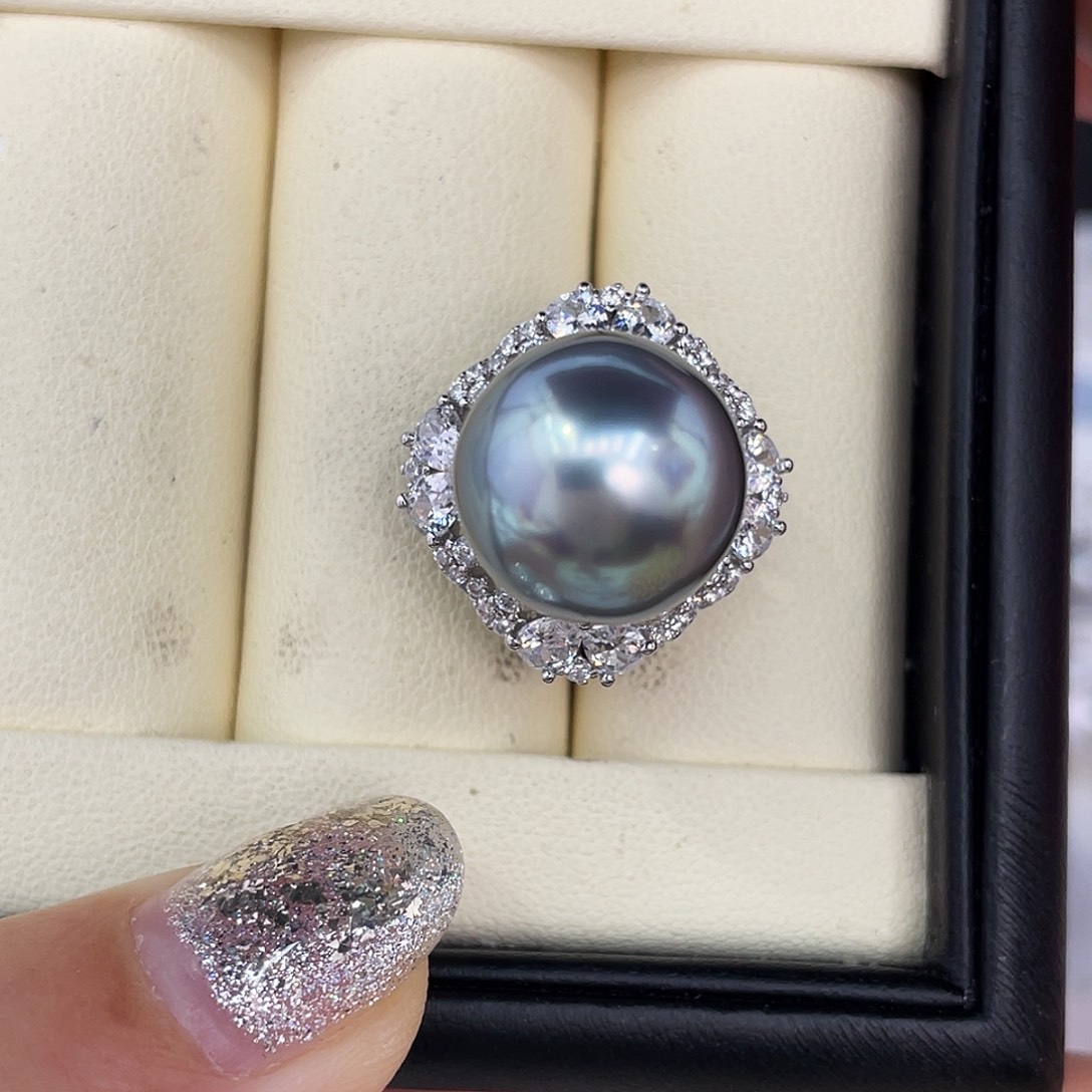 定制海水珍珠未镶嵌裸珠大溪地灰珠13-14mm戒指