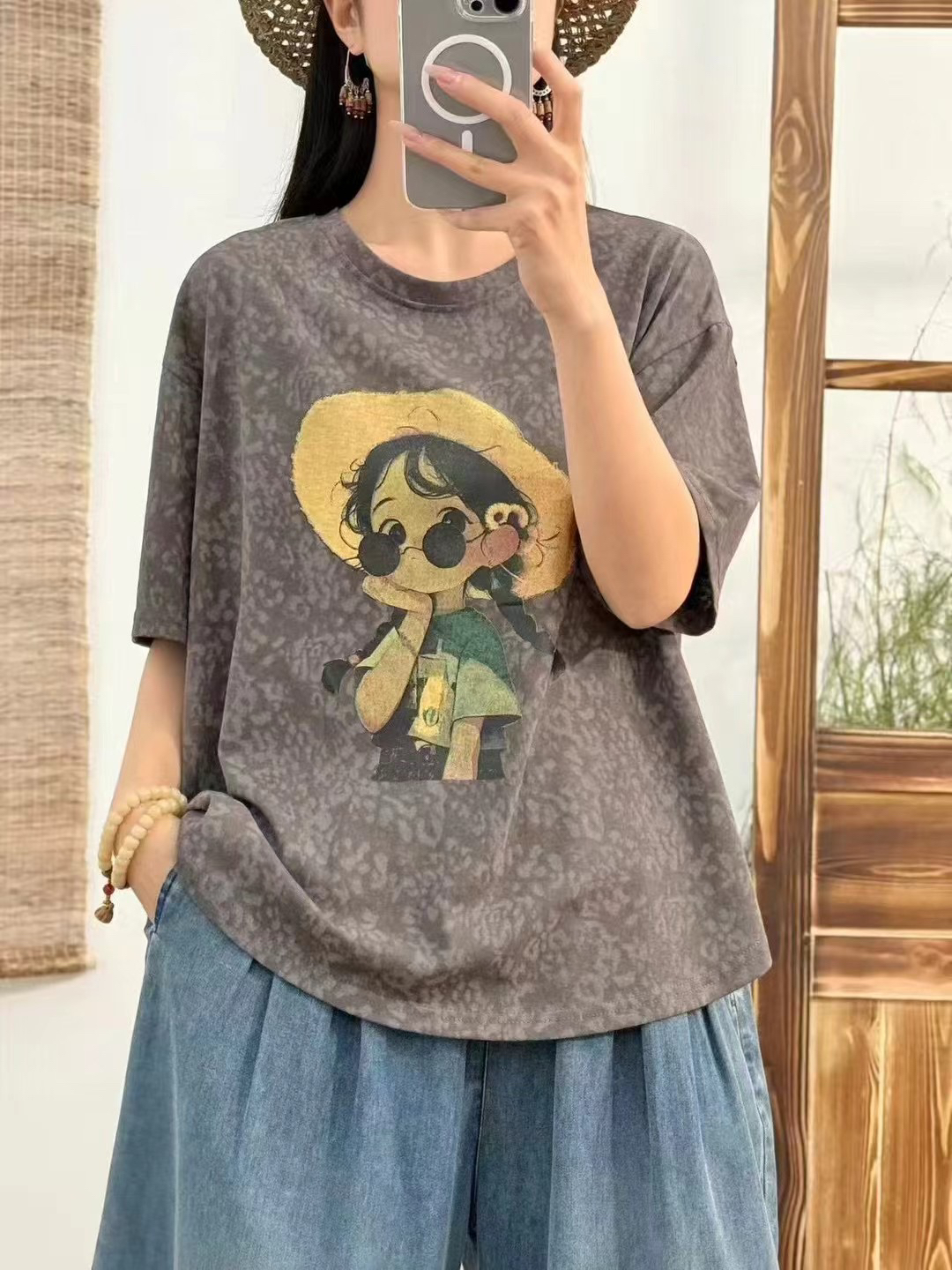 夏季薄款棉质印花t恤女2025新款圆领卡通女孩复古百搭纯色上衣