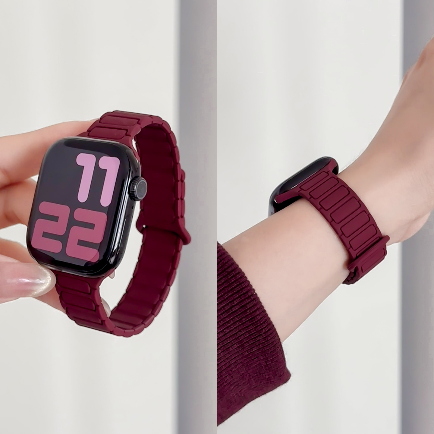 新年酒红硅胶磁吸适用iwatchs11手表带s10苹果手表腕带秋冬s9新款