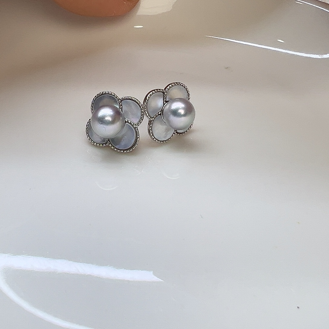 耳饰银S925镶嵌海水珍珠6-7mm正圆真多麻