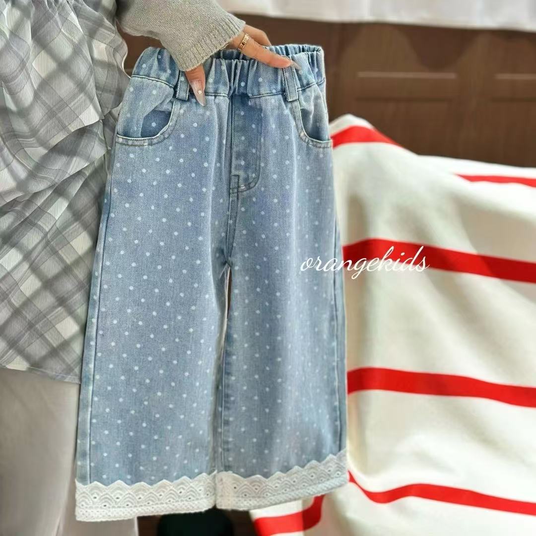 女童裤子春季新款儿童韩版休闲波点蕾丝花边阔腿裤宝宝休闲牛仔裤