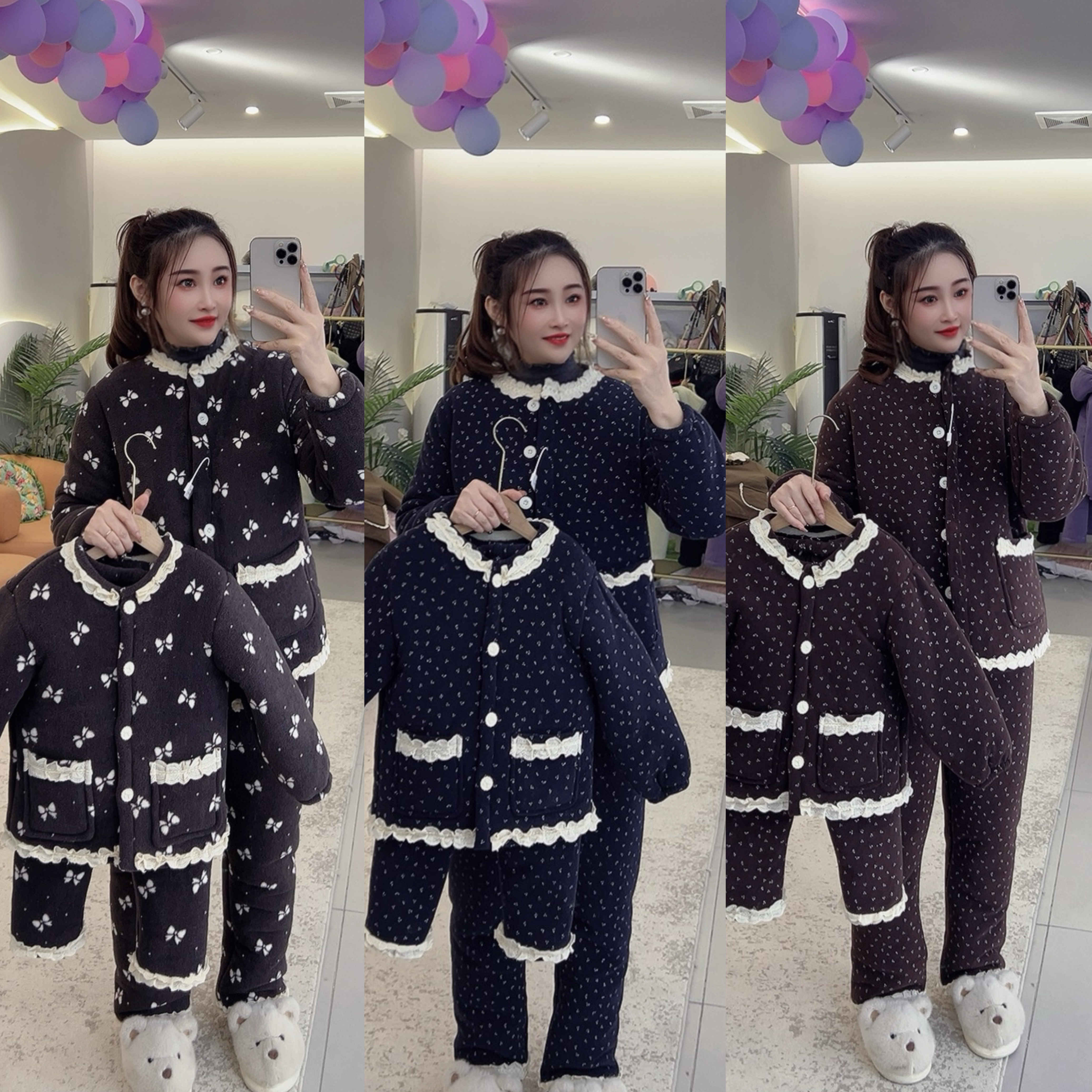 冬季新款花边领印花睡衣睡裤俩件套加绒加厚保暖家居服套装8008