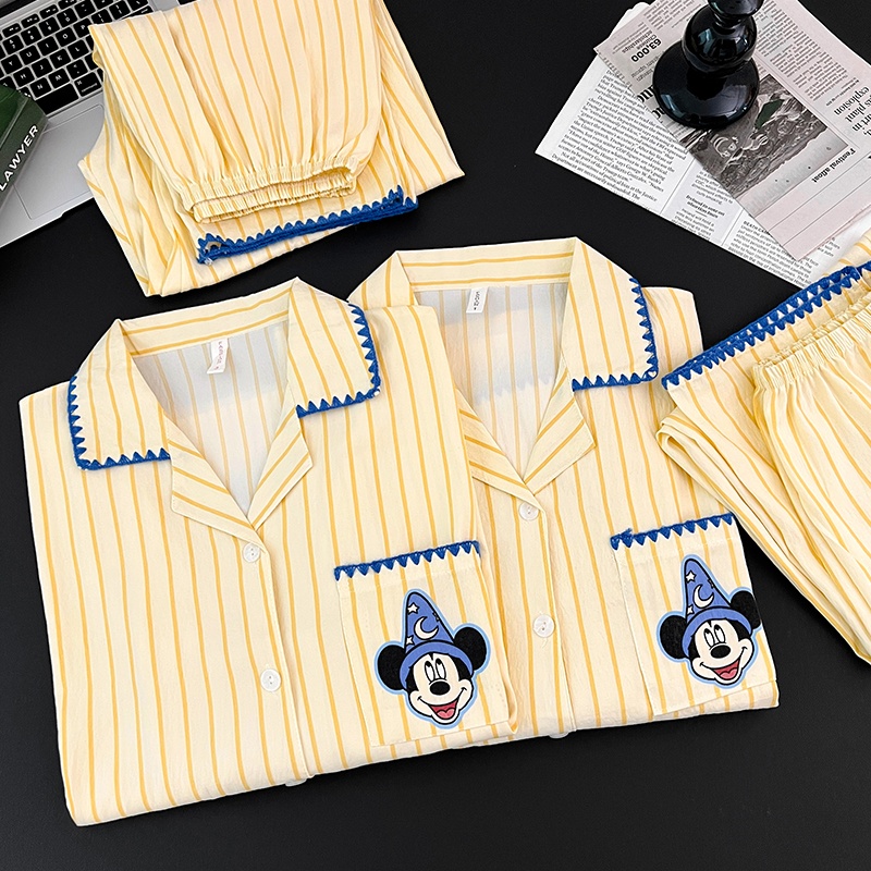 奶黄条纹可爱米奇情侣睡衣女款春秋季长袖男生大码宽松家居服套装