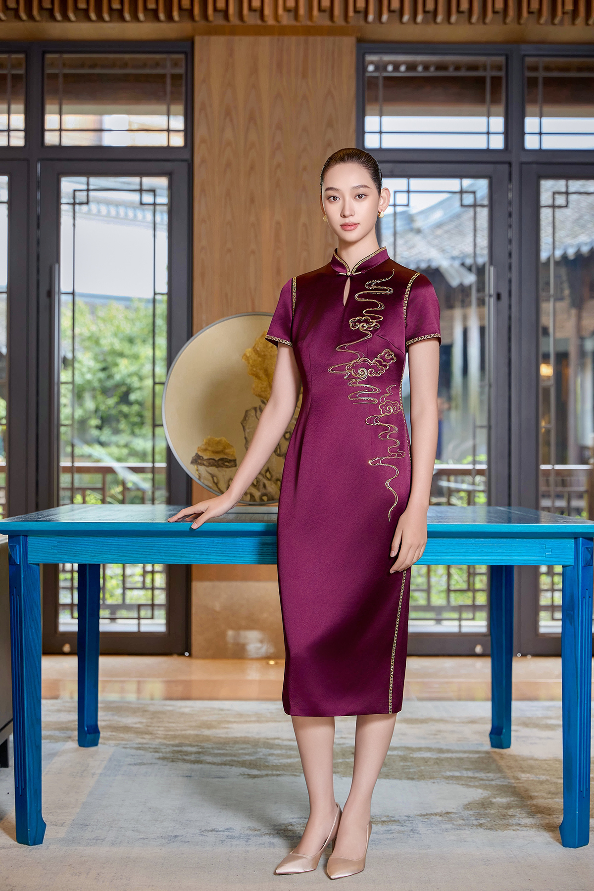 朱紫褕170297六礼幕天姿深酒红色旗袍婚配婆婆妈妈旗袍喜婆婆