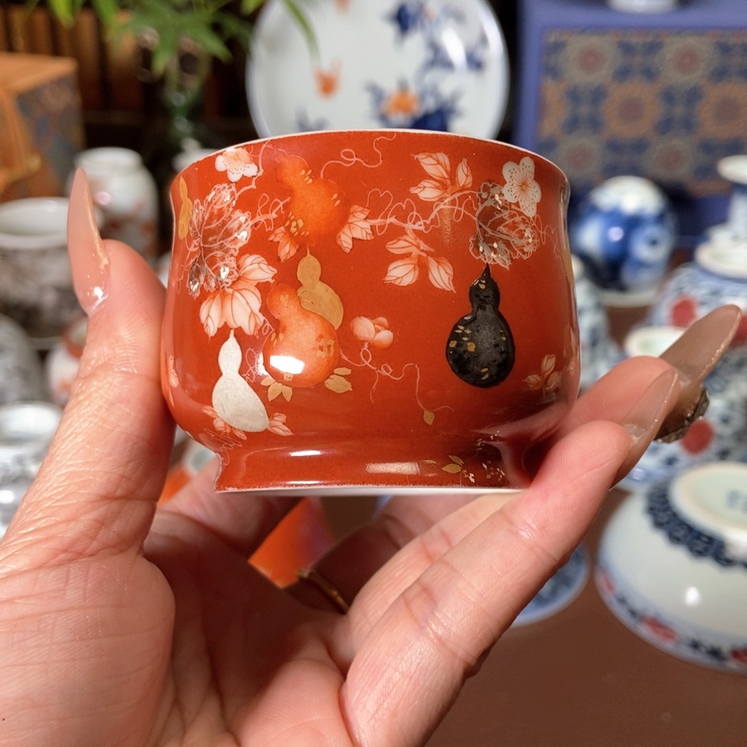 瓷云楼老油红葫芦缸杯