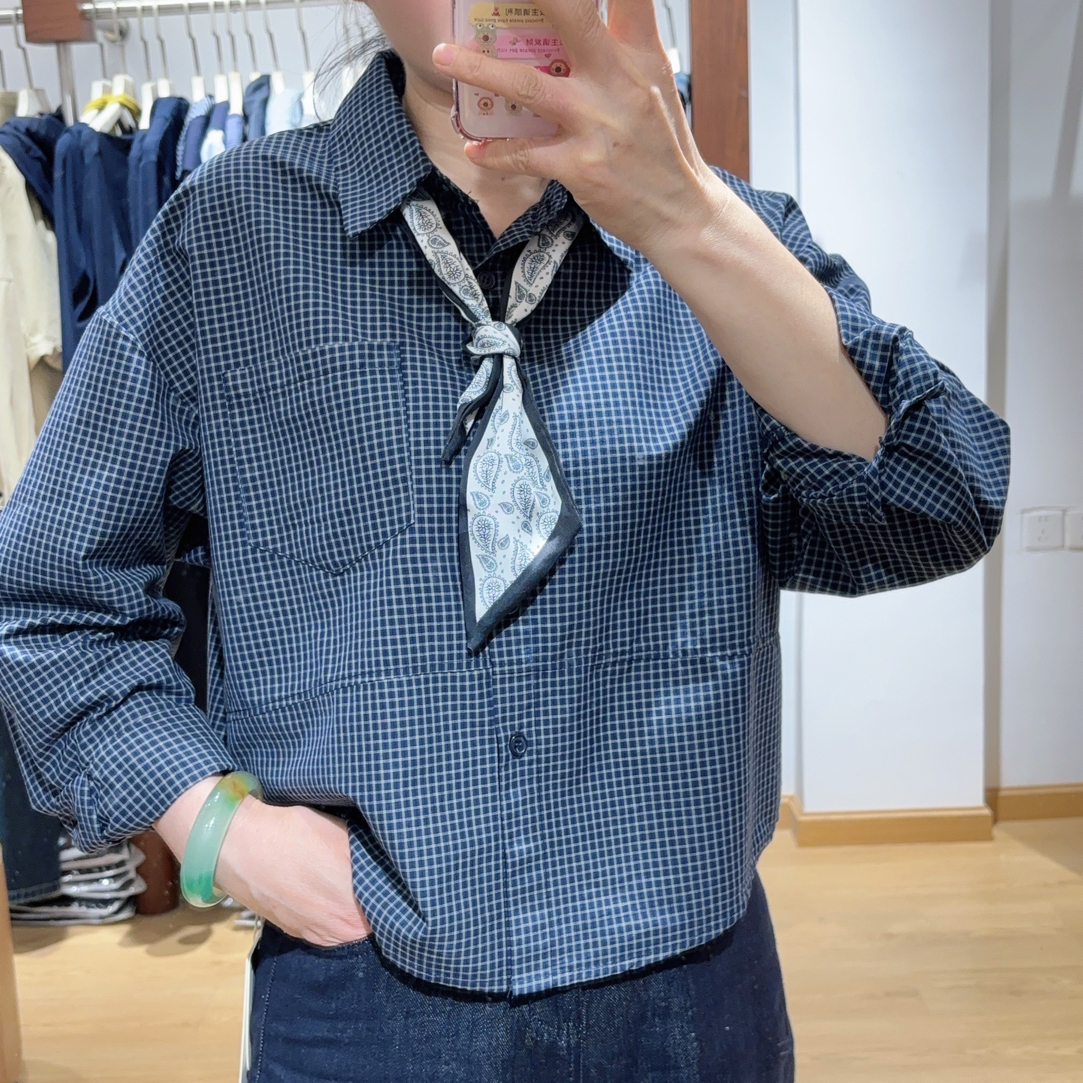 秋款丝巾蓝色格纹衬衣5332款