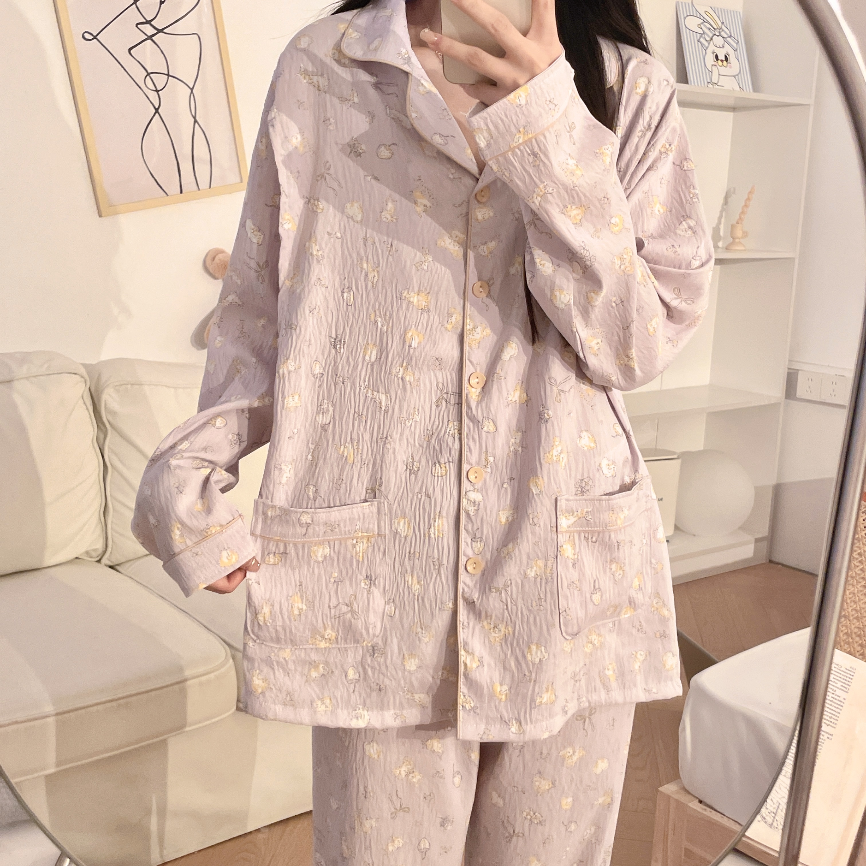 夏季皱皱棉纱带胸垫月子服孕妇产后透气哺乳长袖睡衣