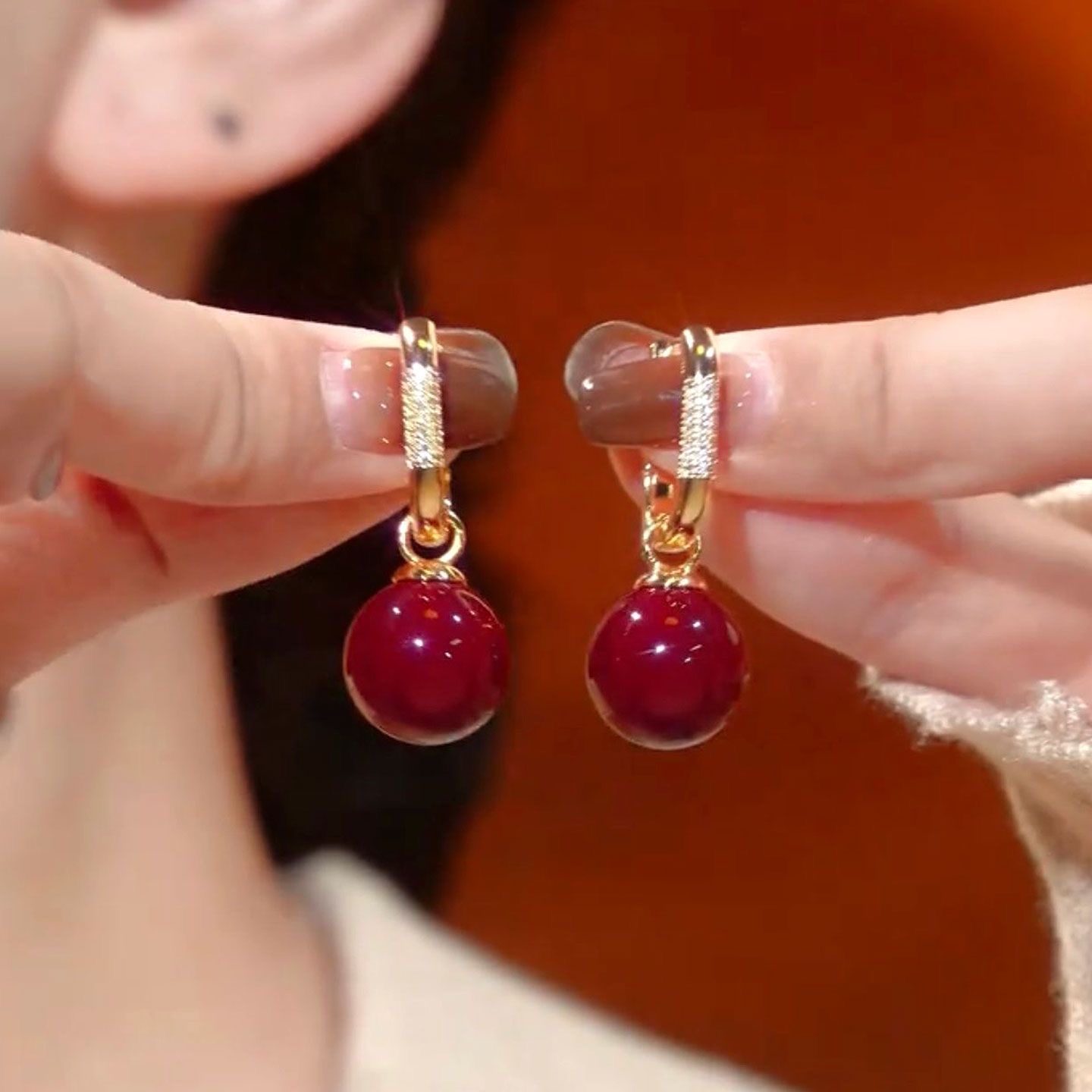 铜合金合成锆石耳饰 新年喜庆红色珠耳扣高级感时尚百搭耳环-24