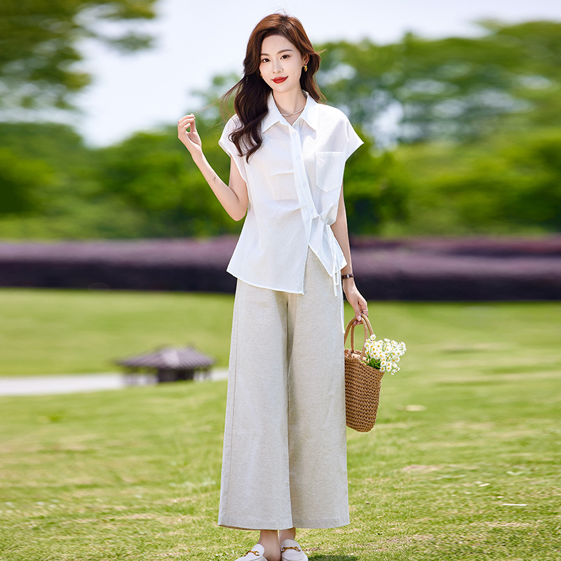 时尚休闲套装女夏季薄款2025新款高级感减龄短袖衬衫阔腿裤两件套