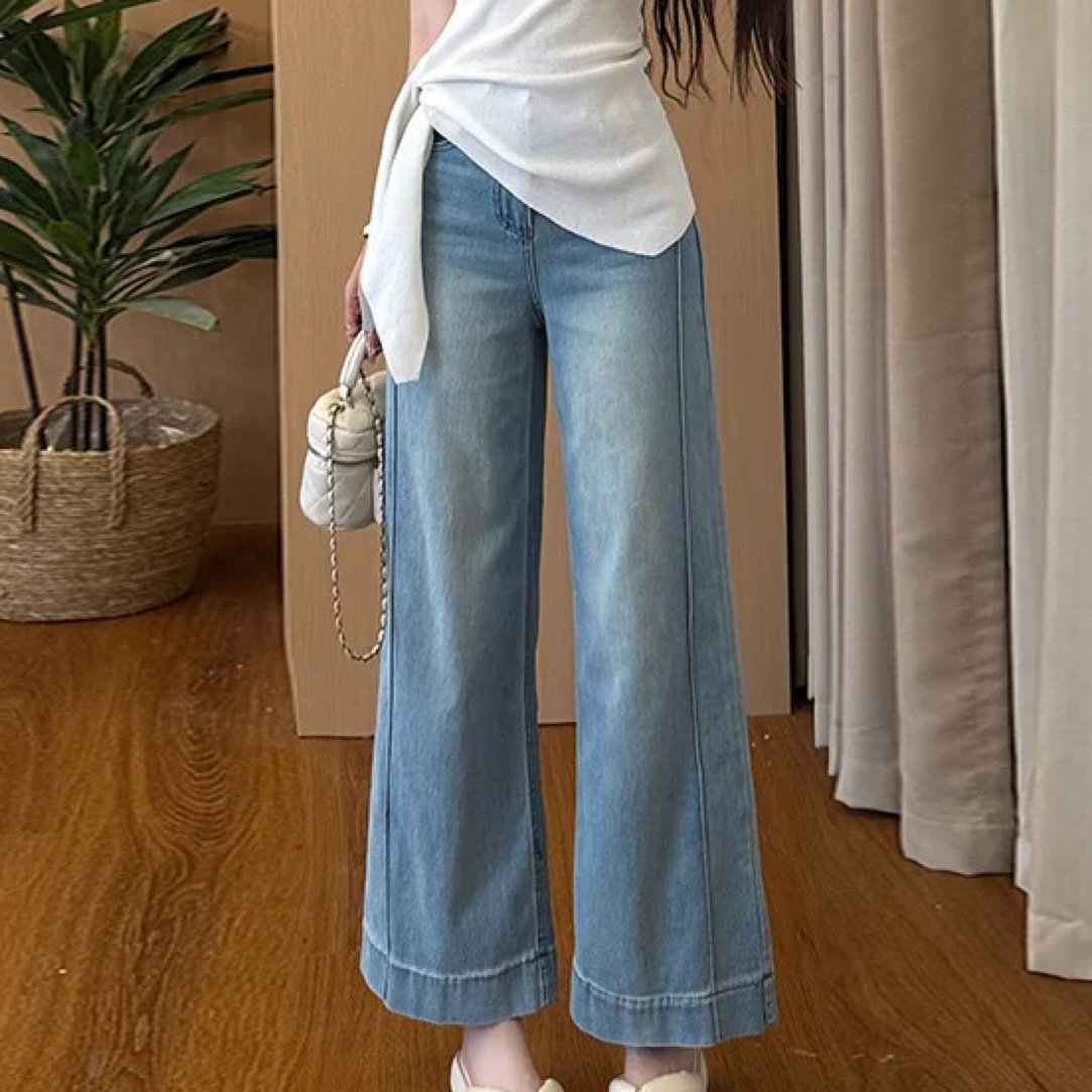 26825#清爽感小直筒牛仔裤女2025秋季高腰宽松通勤百搭线条长裤