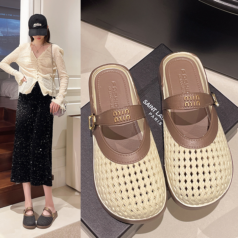 【几乐】2025新款镂空透网包头半拖鞋女夏季外穿舒适平底气质