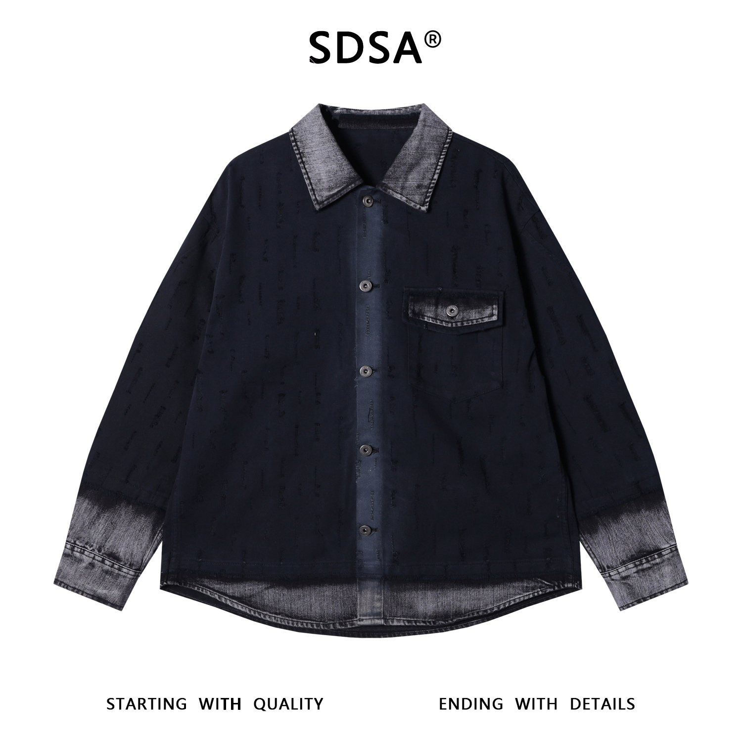 SDSA男士秋冬新款痞帅男装潮牌渐变磨破翻领长袖衬衫时尚百搭衬衣
