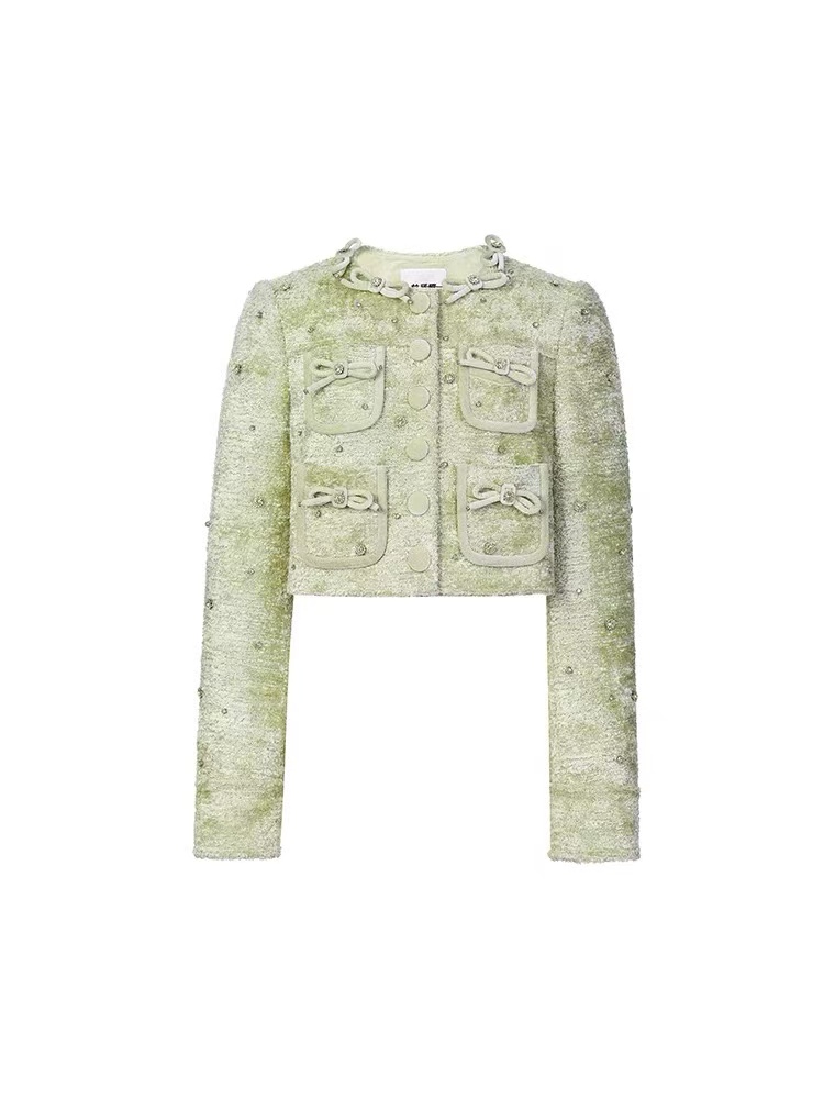 荔枝 拉家新款丝绒手工钉钻蝴蝶结小香风套装