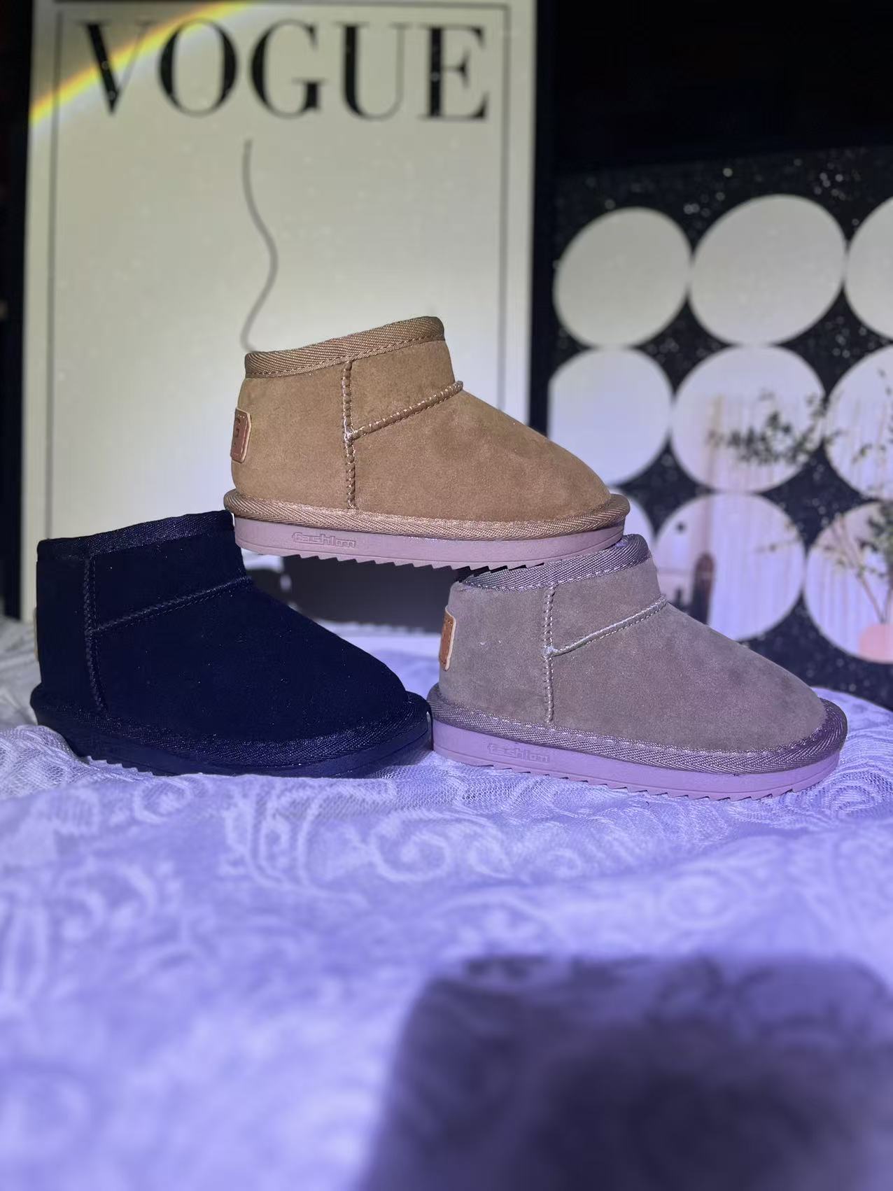 冬季反绒面男女童休闲风侧拉链雪地靴棉靴短靴保暖防滑加厚时尚