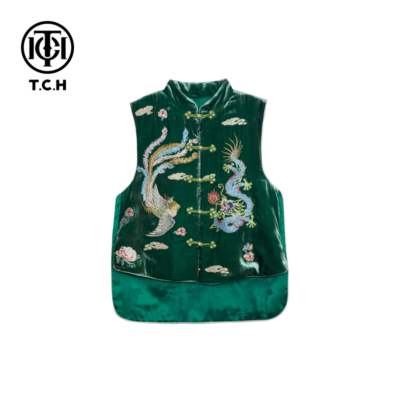 轻奢-TCH烫钻提花新中式绿色丝绒马甲女24盘扣洋气上衣T72C266002