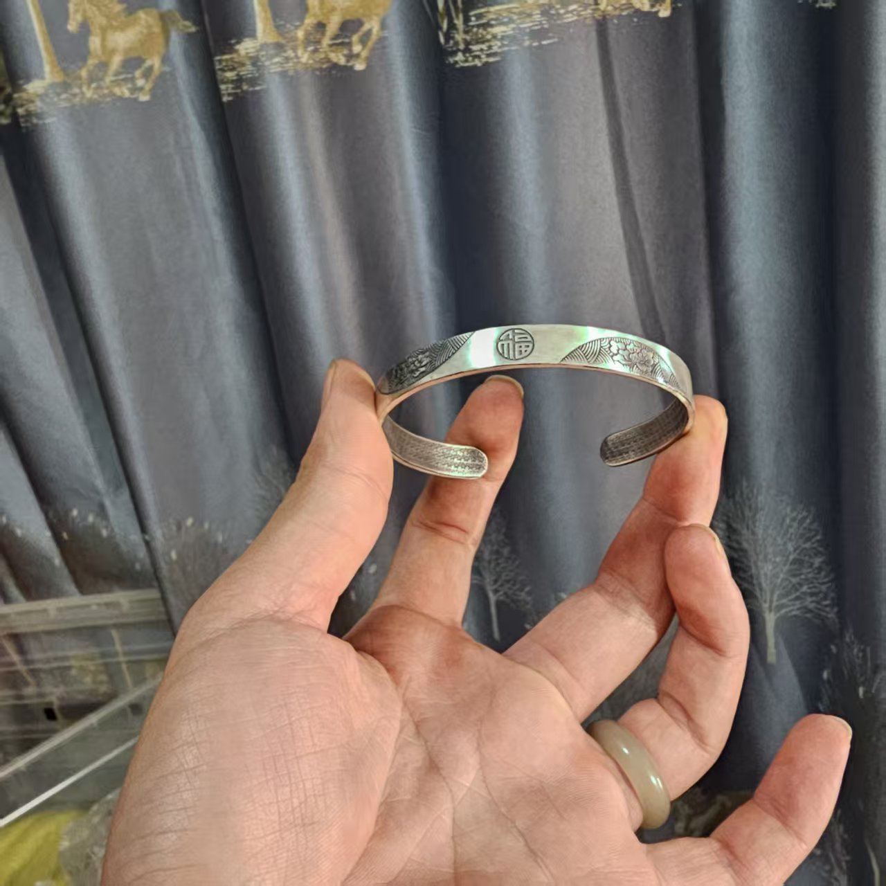 足银手镯 福字牡丹国风足银手镯