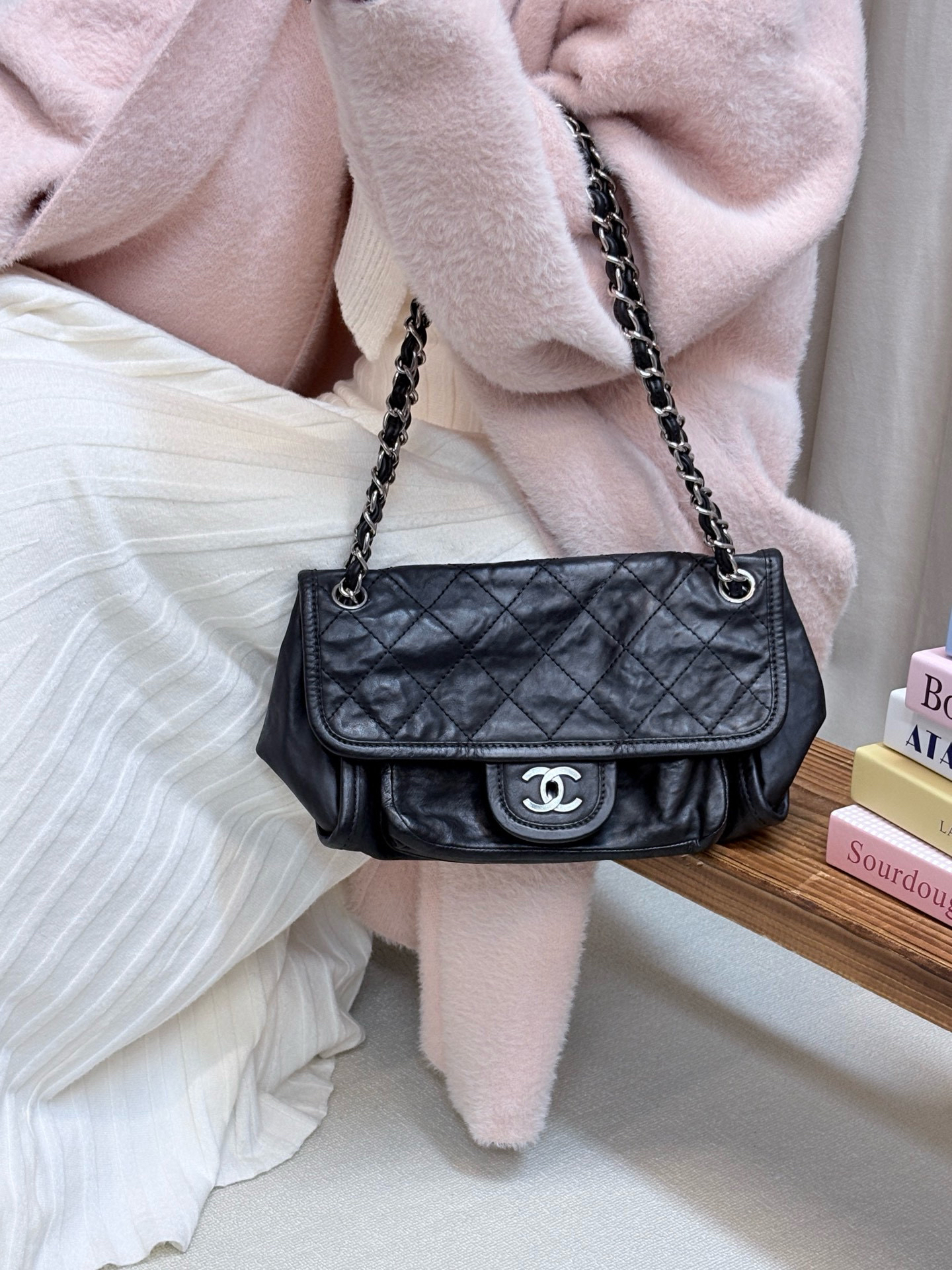 95新 Chanel/香奈儿 chanel 黑银cf单肩斜挎包