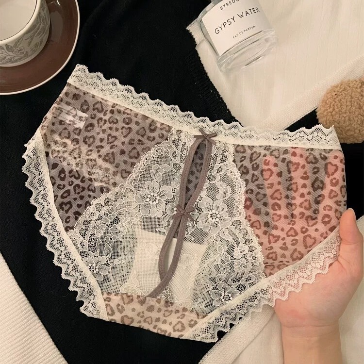 深夜猎物~纯欲风蕾丝豹纹内裤女纯棉裆镂空透气性感女士三角裤
