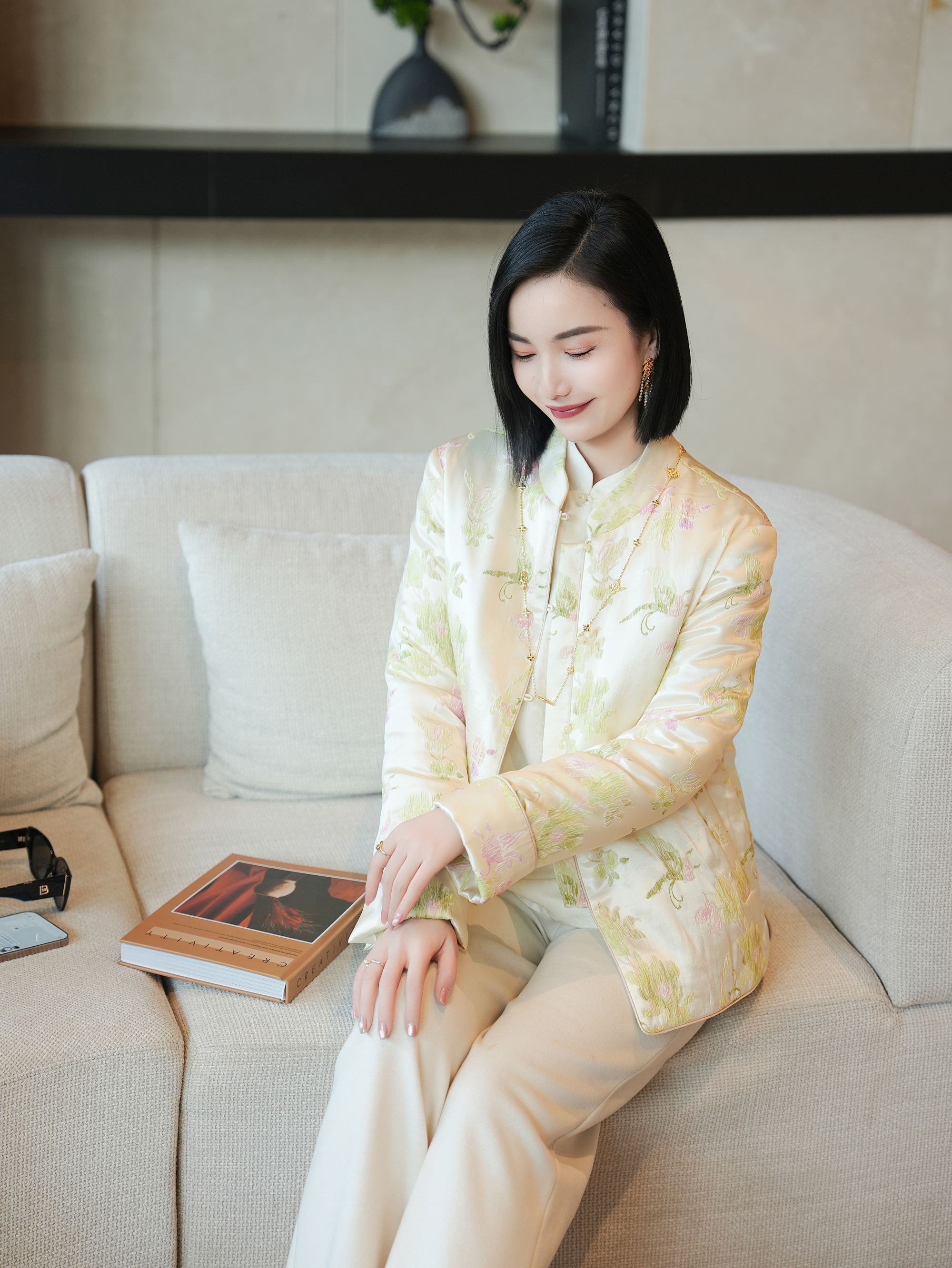 QIAN【清浅柔蝶加棉】桑蚕丝新中式杨幂同款面料加棉上衣外套