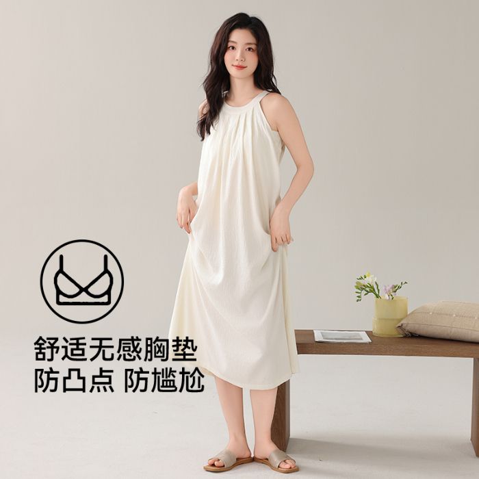 夏季云朵棉吊带长款睡裙性感露肩女家居服带胸垫薄款裸感无袖舒适