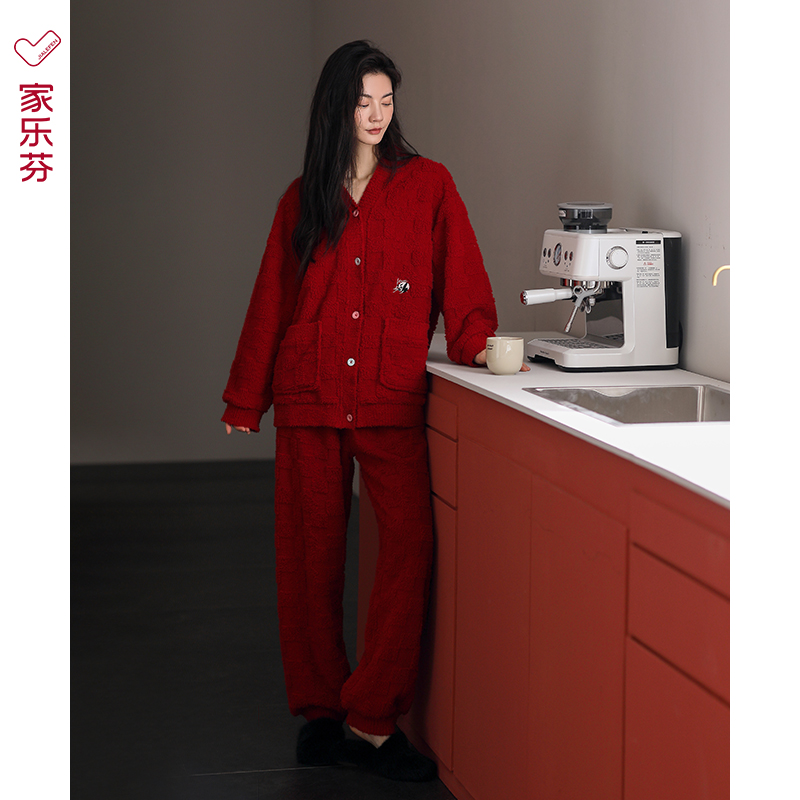 家乐芬红色睡衣女士秋冬季半边绒家居服加厚珊瑚绒冬款本命年马年