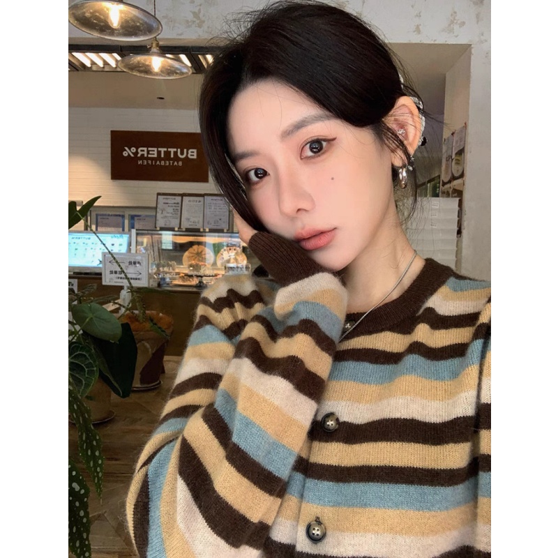 【条纹彩虹】开春新品百搭神器韩系复古条纹民族风彩虹针织开衫女