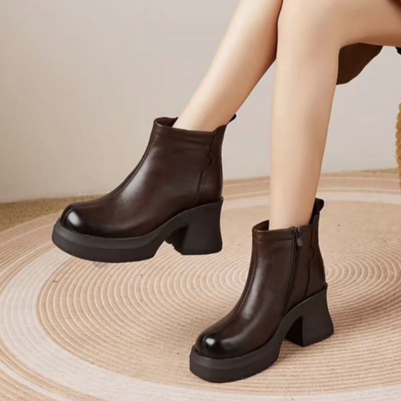 【退货补运费】2025冬季新粗跟高跟短靴女款厚底松糕女靴增高马丁靴