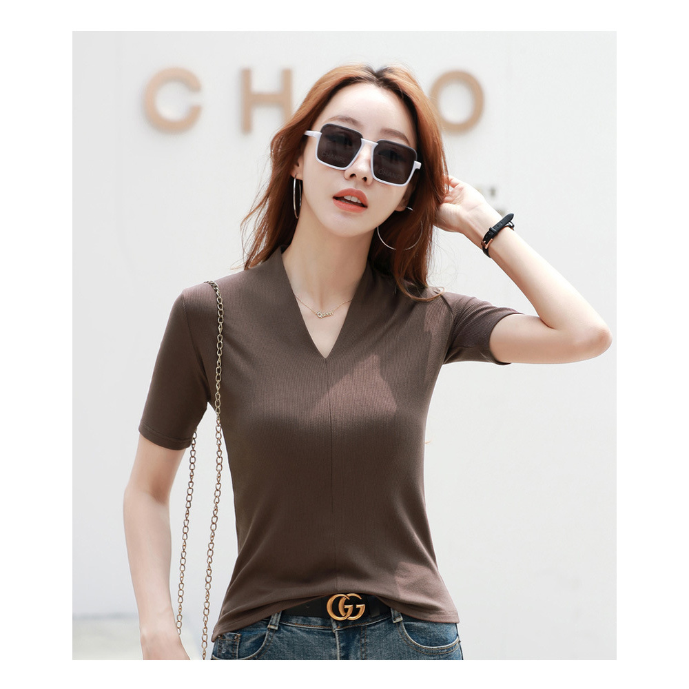 349 夏季新款深V领短袖T恤女修身显瘦性感时尚黑色百搭打底衫潮