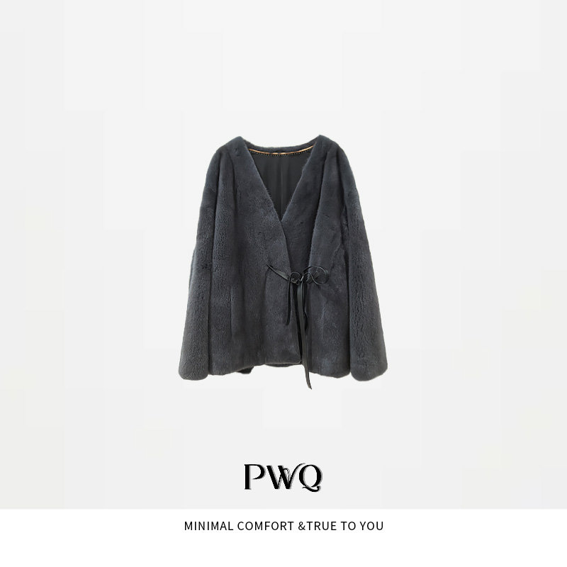 【典藏】皮水貂毛无领长袖桑蚕丝外套MDL-2510801-QR