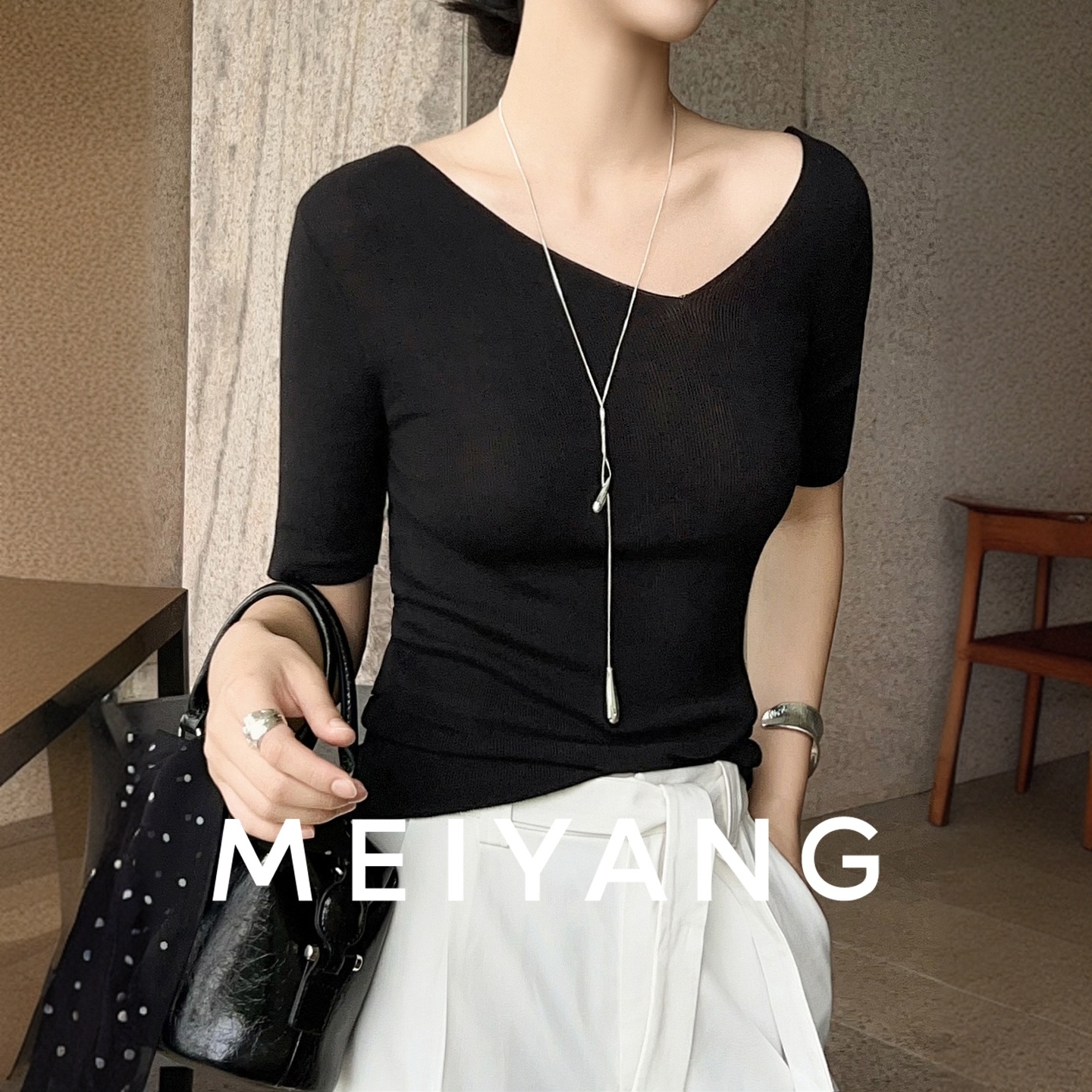 A美洋MEIYANG【商场同款】瘦瘦针织衫 莱赛尔弹力修身显瘦短袖-周一
