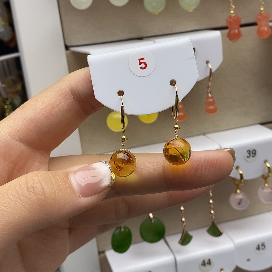 琥珀（花珀）18K金镶嵌耳饰