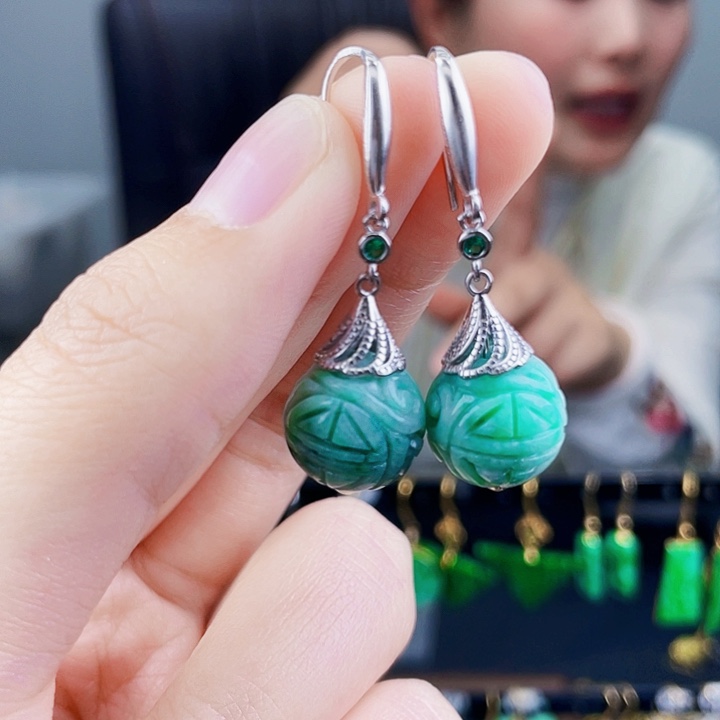 翡翠耳饰银S925镶嵌饰品