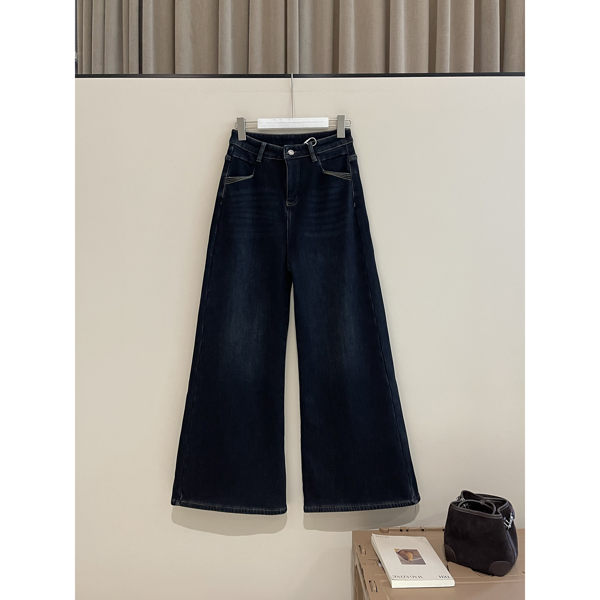 加厚复合绒深蓝色牛仔喇叭裤5217