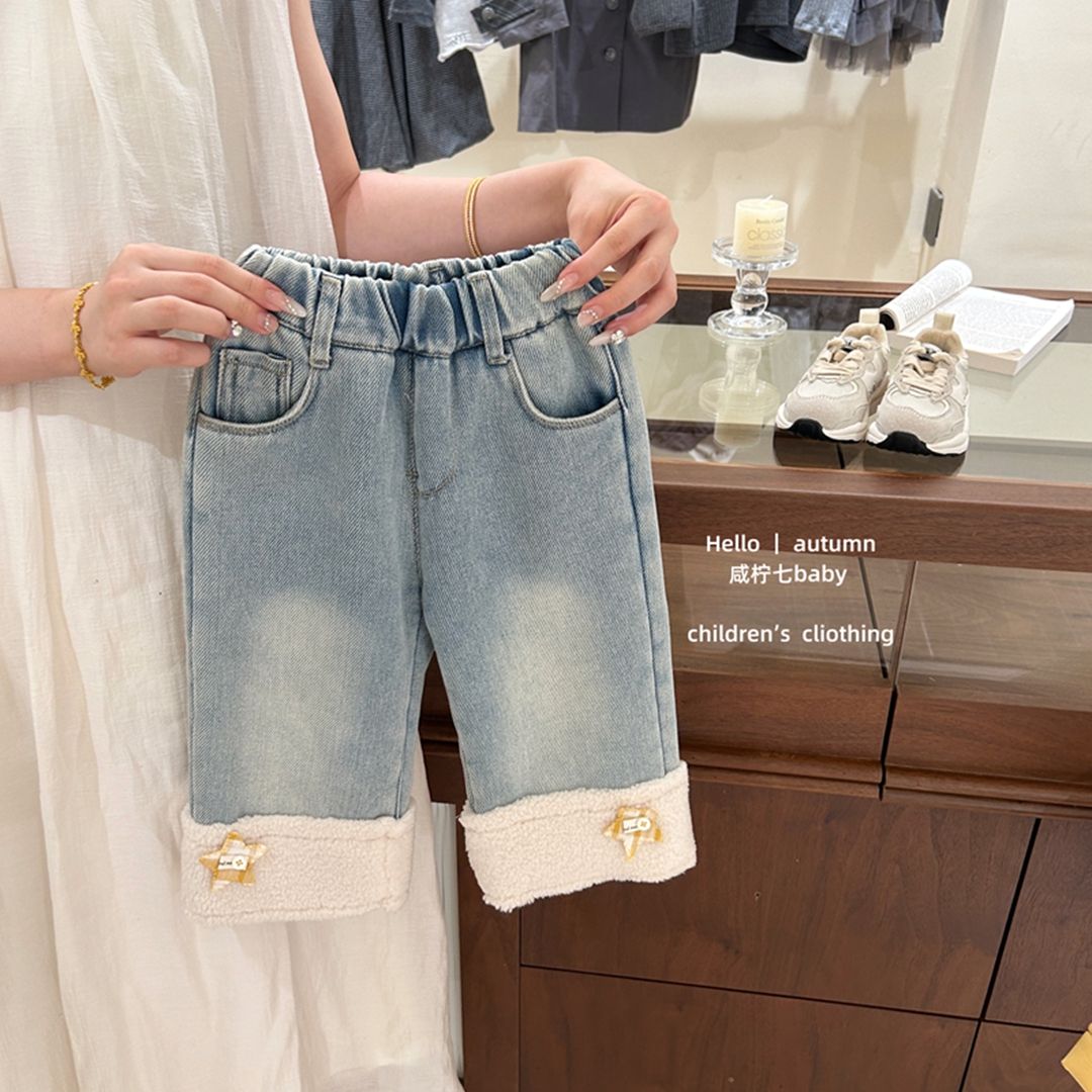 【咸柠七】韩版童装女童加绒裤子秋冬儿童保暖羊羔绒拼接直筒套装