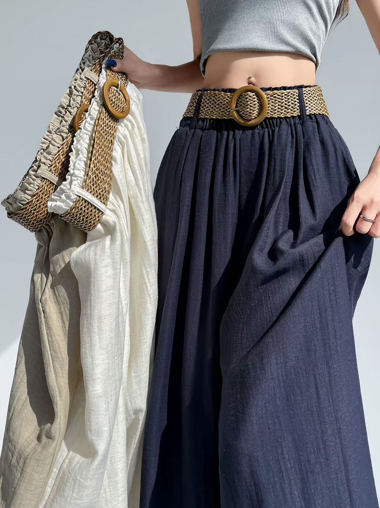 【送腰带+运费险】新款麻感阔腿裤裙裤夏季显瘦高腰薄款复古女